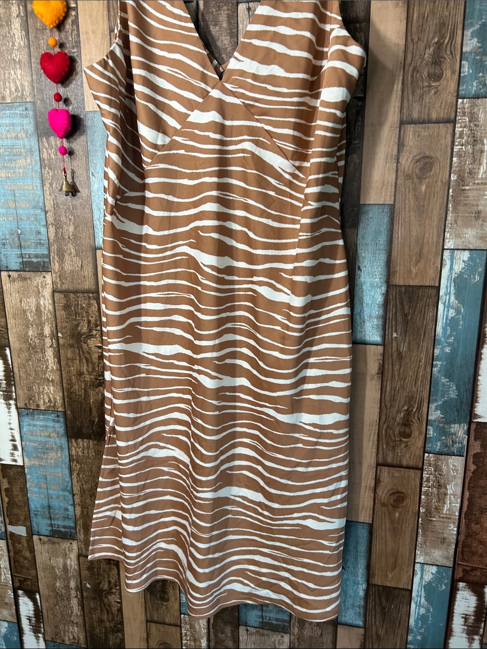 a new day Tan and White Zebra-Stripe V-Neck Summer Dress - Picture 6 of 9